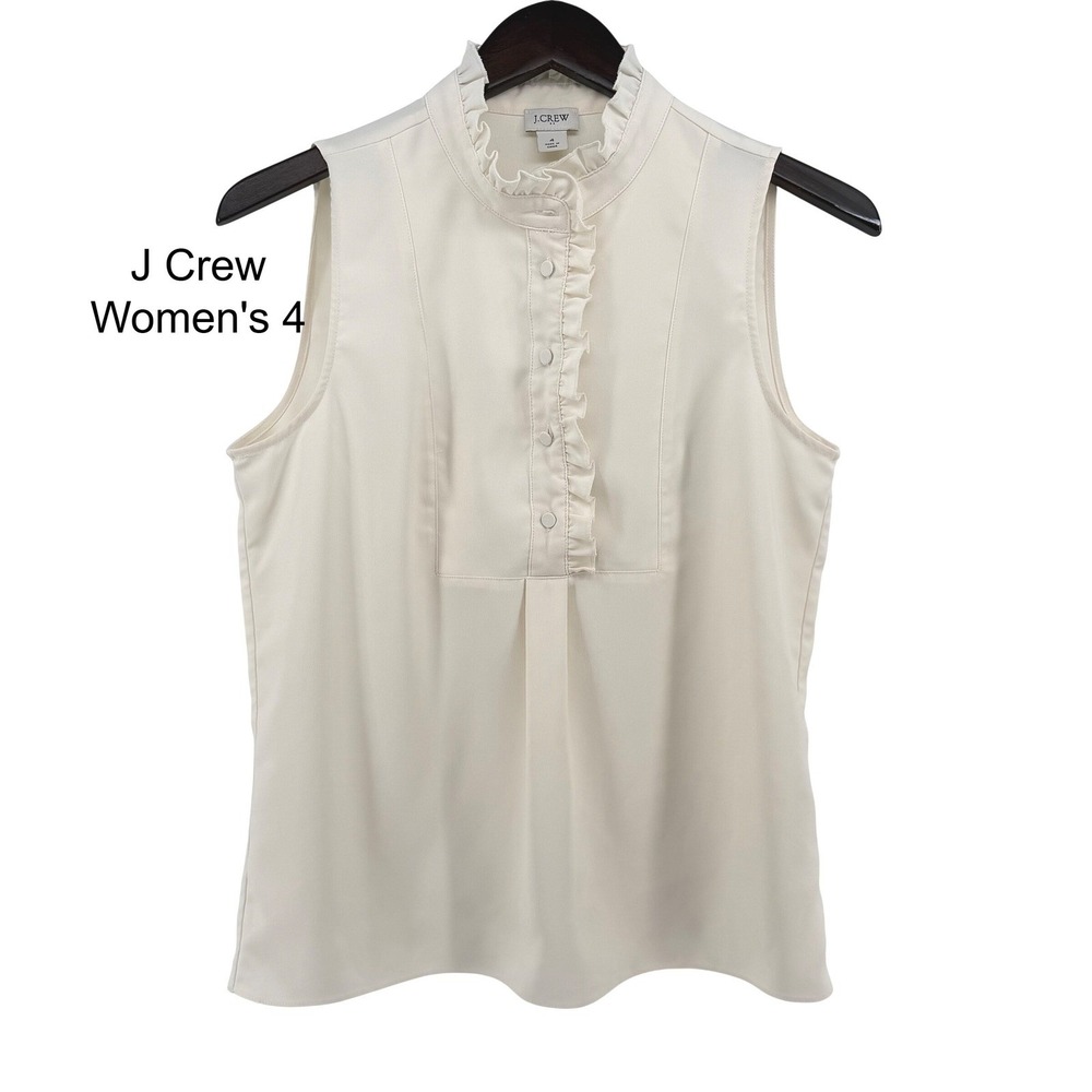 J‎ Crew Womens 4 Ivory Ruffle Neck Sleeveless Button Front Blouse Cream Top